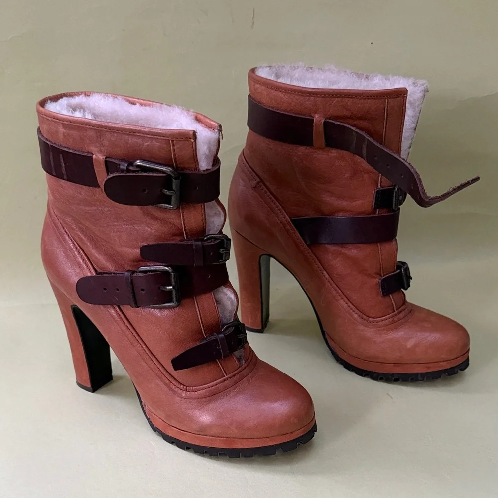 New Vintage Caramel Dolce Vita Winter Boots with Buckle Accents and Real Fur